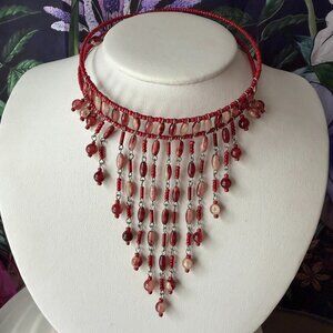 VTG Red Romantic Choker Necklace Dangle Beaded 90s Gothic Boho